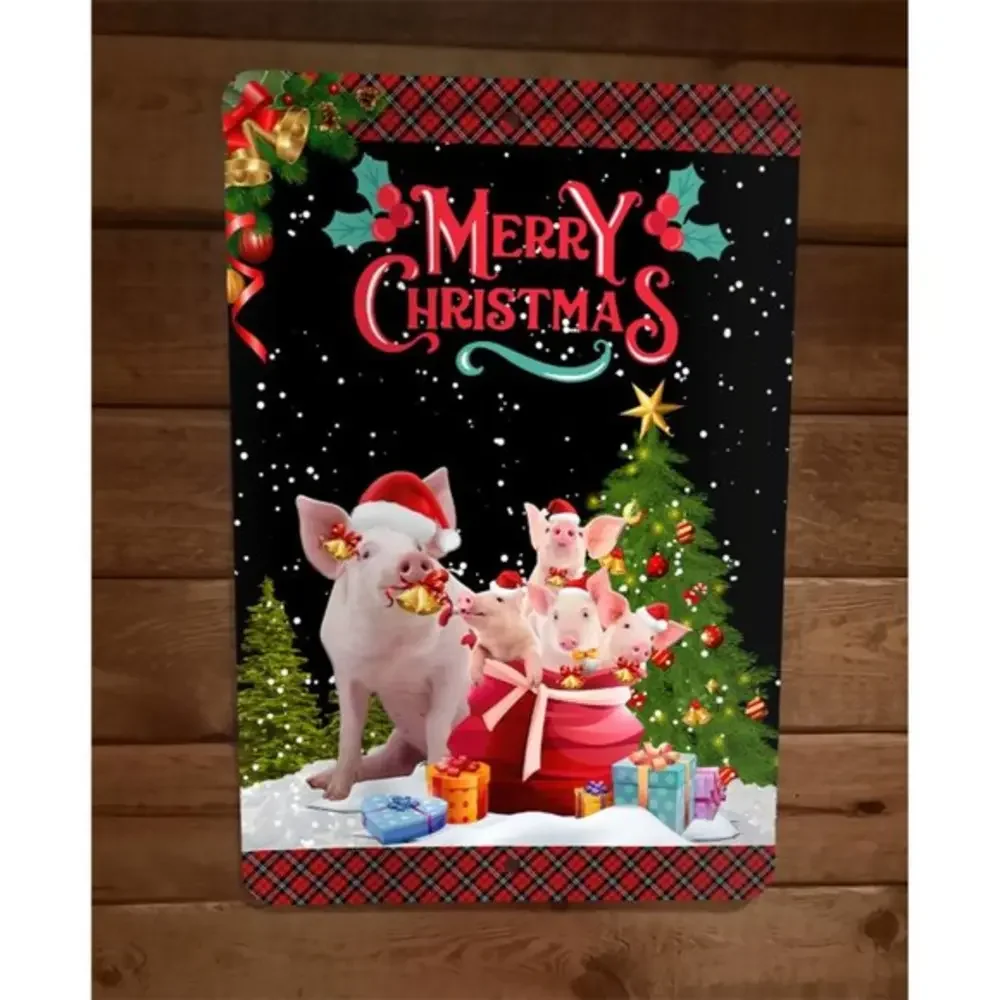 Merry‎ Christmas Pigs Xmas 8x12 Metal Wall Sign Animal Poster #2